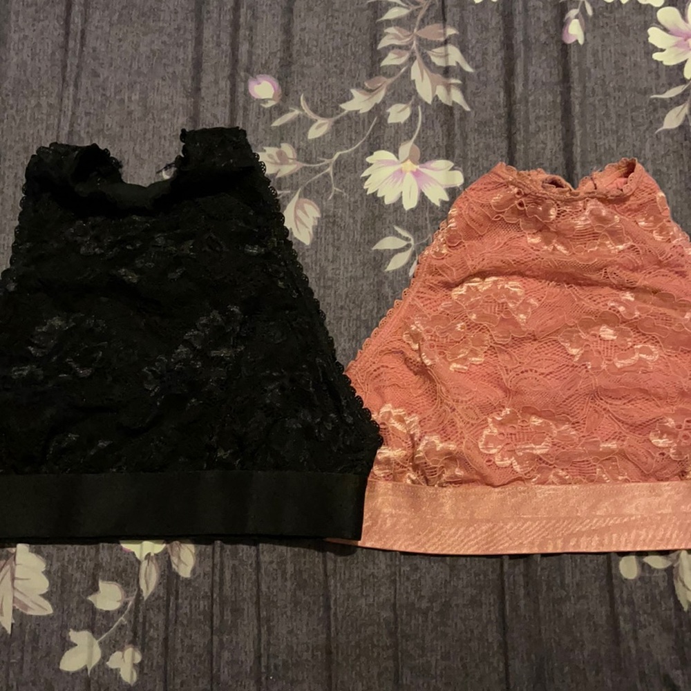 High neck bralettes. One pink. One black.